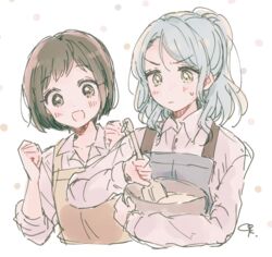  2girls :d alternate_hairstyle apron aqua_hair artist_name bang_dream! brown_eyes brown_hair clenched_hands collared_shirt commentary_request green_eyes hands_up hazawa_tsugumi hikawa_sayo kudo_(low_temp) long_hair long_sleeves mixing mixing_bowl multiple_girls muted_color open_mouth ponytail shirt short_hair sidelocks sleeves_rolled_up smile spatula sweatdrop upper_body v-shaped_eyebrows 