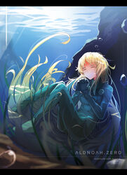  aldnoah.zero asseylum_vers_allusia blonde_hair bodysuit closed_eyes commentary female letterboxed long_hair own_hands_clasped own_hands_together terric underwater 