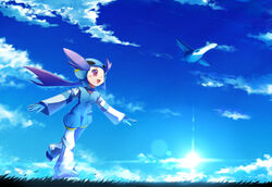  :d blue_gloves blue_jacket blue_pants blue_shirt blue_shoes cloud clouds female field flying gloves grass gym_leader happy helmet highres jacket latios long_sleeves nagi_(pokemon) nature open_mouth pants pokemon pokemon_(game) pokemon_rse purple_eyes purple_hair ribero running shirt shoes small_breasts smile sun wind 