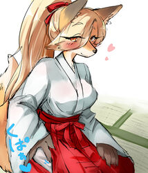  anthro asian_clothing biped blonde_hair bottomwear brown_body brown_fur canid canine clothed clothing countershading dipstick_tail east_asian_clothing eyebrow_through_hair eyebrows female fox fox&#039;s_sister_(kinokoningen) fur hair hakama haori heart_symbol hi_res inner_ear_fluff japanese_clothing kemono kinokoningen kneeling long_hair looking_at_viewer mammal markings miko_outfit multicolored_tail orange_body orange_fur red_bottomwear red_clothing red_hakama smile solo tail tail_markings tan_body tan_fur tan_hair tied_hair translucent translucent_hair tuft white_haori 