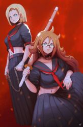  2girls abs android_18 android_21 bandaged_hand bandages black_serafuku blonde_hair blue_eyes brown_hair chains choker commentary delinquent dragon_ball dragon_ball_fighterz dragon_ball_z glasses long_skirt looking_at_viewer midriff multiple_girls mynare navel red_background school_uniform serafuku shinai skirt squatting stomach sukeban sword toned weapon 