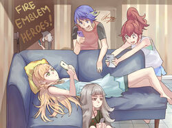  2boys 3girls alfonse_(fire_emblem) anna_(fire_emblem) artist_name blonde_hair blue_eyes blue_hair brown_eyes casual cellphone commentary contemporary couch fire_emblem fire_emblem_heroes ghi_yas gradient_hair green_eyes grey_hair holding holding_phone long_hair lying multicolored_hair multiple_boys multiple_girls mysterious_man_(fire_emblem) on_back on_floor open_mouth phone ponytail red_hair sharena_(fire_emblem) shirt shorts signature sitting smartphone standing sweatdrop t-shirt tank_top veronica_(fire_emblem) white_hair 