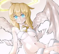  angel angel_wings artist_request blonde_hair blue_eyes breasts cleavage female female halo hashimoto_(soukidann2010) long_hair lucifina_(mon-musu_quest!) mon-musu_quest! navel no_panties smile solo spoilers wings 