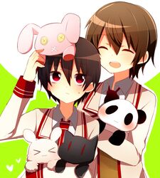  &gt;_&lt; 2boys :3 a-ya_(shuuen_no_shiori) arm_up bad_id bad_pixiv_id blazer blush brown_hair button_eyes buttons c-ta closed_eyes closed_mouth collared_shirt green_background heart holding holding_stuffed_toy jacket long_sleeves looking_at_viewer male_focus multicolored_clothes multicolored_jacket multiple_boys nanase09rr necktie object_on_head open_mouth outline red_eyes red_necktie red_trim school_uniform shirt short_hair shuuen_no_shiori_project striped striped_clothes stuffed_animal stuffed_cat stuffed_panda stuffed_rabbit stuffed_toy sweatdrop two-tone_background two-tone_jacket unamused upper_body vertical-striped_clothes vertical-striped_necktie vertical_stripes white_background white_jacket white_outline white_shirt 