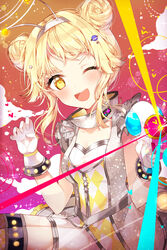  ;d alien_alien_(vocaloid) alternate_hairstyle antennae bang_dream! blonde_hair commentary_request double_bun dress energy_gun fake_antennae female frills gloves hair_bun hair_ornament hair_up hairband heart highres holding looking_at_viewer one_eye_closed open_mouth planet_hair_ornament ray_gun round_teeth sidelocks smile solo star_(symbol) star_hair_ornament taya_oco teeth tsurumaki_kokoro upper_teeth_only weapon 