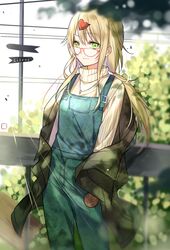  aihara_yuzu alternate_costume bad_id bad_pixiv_id bespectacled blonde_hair blush chi_zu_crazy citrus_(saburouta) female glasses green_eyes jewelry long_hair long_sleeves necklace outdoors red-framed_eyewear smile solo sweater 