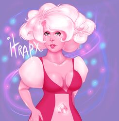  alien alien_humanoid breasts cartoon_network clothed clothing crystal diamond_(disambiguation) female galaxy gem gem_(species) glistening glitter hair hand_on_hip hi_res human human_only humanoid itrapx looking_at_viewer mammal not_furry pastel_theme pink_body pink_diamond_(steven_universe) pink_eyes pink_hair pink_skin simple_background solo standing star steven_universe 