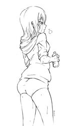  arantheus ass female greyscale highres hood hoodie long_hair makise_kurisu monochrome panties photoshop_(medium) simple_background solo steins;gate sweat underwear white_background 