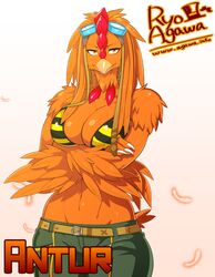  2015 amber_eyes anthro antur avian beak belt big_breasts biped bird bottomwear bra breasts chicken claws cleavage clothed clothing eyewear feathers female galliform gallus_(genus) goggles hair long_hair looking_at_viewer midriff navel non-mammal_breasts orange_body orange_feathers orange_hair pants phasianid ryo_agawa smile solo standing underwear wide_hips 