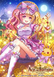  age_of_ishtaria blonde_hair bow bracelet breasts cleavage coin commentary_request company_name copyright_name copyright_notice curly_hair dress fafner_(age_of_ishtaria) female flower full_body hair_ornament jewelry long_hair madopen medium_breasts moon multicolored_hair official_art open_mouth photoshop_(medium) pink_eyes pink_hair rose sitting sky sparkle star_(sky) stuffed_animal stuffed_toy teeth twintails 