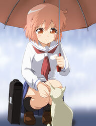  bag black_socks blush briefcase commentary_request enfuku feline female holding kotoura-san kotoura_haruka loafers neckerchief orange_eyes orange_hair school_bag school_briefcase school_uniform serafuku shoes short_hair skirt smile socks solo squatting umbrella white_background white_cat 