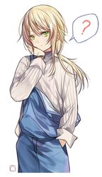  ? aihara_yuzu alternate_costume bad_id bad_pixiv_id blonde_hair blush chi_zu_crazy citrus_(saburouta) female green_eyes hand_in_pocket highres long_hair long_sleeves looking_at_viewer overalls simple_background solo spoken_question_mark sweater white_background 