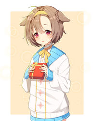  ahoge alternate_hair_length alternate_hairstyle animal_ears bad_id bad_pixiv_id blue_skirt blush bow brown_hair davi_(destiny_child) destiny_child dog_ears female gift hairband holding holding_gift long_sleeves parted_lips photoshop_(medium) red_eyes ribbon short_hair skirt solo tp_(kido_94) valentine yellow_bow yellow_ribbon 