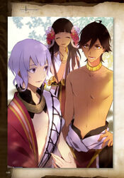  2boys absurdres brown_hair closed_eyes dark-skinned_female dark-skinned_male dark_skin fate/grand_order fate/prototype fate/prototype:_fragments_of_blue_and_silver fate_(series) female flower hair_flower hair_ornament highres long_hair moses_(fate) multiple_boys nakahara_(mu_tation) nefertari_(fate) official_art ozymandias_(fate) purple_eyes purple_hair topless_male yellow_eyes 