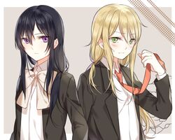  2girls aihara_mei aihara_yuzu alternate_costume bad_id bad_pixiv_id black_hair blonde_hair blush bow bowtie chi_zu_crazy citrus_(saburouta) closed_mouth green_eyes hair_between_eyes long_hair long_sleeves looking_at_viewer multiple_girls purple_eyes red_bow red_bowtie school_uniform upper_body 