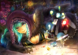  aqua_eyes aqua_hair bottle breasts card chains cleavage commentary_request dice doll elbow_gloves female flower food fruit fur_trim gears gloves grapes grin harusame-r hood lantern large_breasts long_hair mahjong mahjong_tile on_floor original outstretched_arm playing_card poker_chip rose shawl smile solo stone_floor 