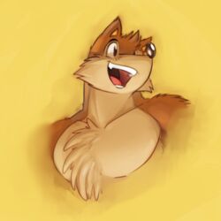  1:1 2014 anthro brown_body brown_eyes brown_fur brown_nose canid canine canis chest_tuft fangs fur grin male mammal muscular muscular_anthro muscular_male open_mouth pecs piti_yindee pose simple_background smile solo tan_body tan_fur teeth tongue tuft wolf wuffle wuffle_(webcomic) yellow_background 