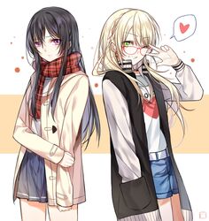  2girls aihara_mei aihara_yuzu alternate_costume bad_id bad_pixiv_id black_hair blonde_hair blush chi_zu_crazy citrus_(saburouta) commentary_request earrings green_eyes hair_between_eyes hand_in_pocket heart jacket jewelry long_hair long_sleeves looking_at_viewer multiple_girls one_eye_closed plaid plaid_scarf pleated_skirt pose purple_eyes scarf skirt smile spoken_heart v v_over_eye 