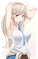  armpits arms_behind_head bare_arms bare_shoulders blonde_hair blue_eyes blue_skirt blush breasts cleavage collarbone commentary_request cucouroux_(granblue_fantasy) female from_side futami_(mg42fw190d) granblue_fantasy hair_between_eyes hair_tie hat highres long_hair looking_at_viewer medium_breasts miniskirt mouth_hold pleated_skirt ribbon shirt skirt solo tank_top tying_hair upper_body white_shirt 