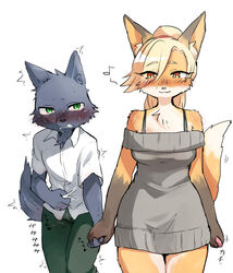  anthro blonde_hair blush bodily_fluids canid canine canis clenched_teeth clothed clothing controller countershading drooling duo eyelashes female fox fox&#039;s_sister_(kinokoningen) fur green_eyes grey_body grey_fur hair hair_over_eye hand_holding heart_symbol hi_res hidden_vibrator kemono kinokoningen male mammal musical_note nifram_logan one_eye_obstructed orange_body orange_eyes orange_fur remote_control remote_vibrator romantic romantic_couple saliva sex_toy sex_toy_under_clothing simple_background smile sweat sweater teeth topwear translucent translucent_hair vibrator white_background wolf 