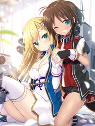  2girls azur_lane bare_shoulders black_jacket blonde_hair blue_jacket blush breasts brown_hair cleavage clock collar commentary_request detached_sleeves dress fingerless_gloves fist_bump forbin_(azur_lane) gloves green_eyes hair_between_eyes highres jacket le_mars_(azur_lane) long_hair looking_at_viewer medium_breasts multiple_girls one_eye_closed red_shirt shirt short_hair shorts sitting small_breasts smile star_(symbol) swept_bangs thighhighs white_dress yano_mitsuki_(nanairo) zettai_ryouiki 