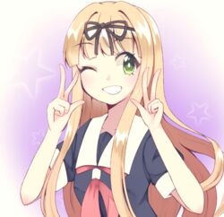  bad_id bad_pixiv_id black_ribbon black_serafuku blonde_hair double_v female gradient_background green_eyes grin hair_ribbon kantai_collection kinubari_nerune long_hair one_eye_closed purple_background ribbon sailor_collar school_uniform serafuku smile solo star_(symbol) starry_background straight_hair upper_body v white_sailor_collar yuudachi_(kancolle) 