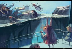  animal_ears bird commentary fence fish koto_inari long_hair penguin purple_hair rabbit_ears rabbit_tail red_eyes reisen_udongein_inaba tail touhou zoo 