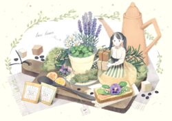  apron bad_id bad_pixiv_id black_hair blush coffee_beans collared_shirt commentary_request cutting_board daisy english_text female flower flower_pot food from_above holding lavender_(flower) long_hair long_sleeves looking_at_viewer mini_person minigirl mint original pansy shirt sitting skirt smile solo somemachi spoon striped_apron striped_clothes sugar_cube teabag teapot twintails vertical-striped_apron vertical-striped_clothes waist_apron wooden_spoon yellow_skirt 