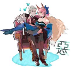  1boy animal_ears bell blue_eyes blue_thighhighs bow breasts bug butterfly chair cleavage collar commentary_request facial_hair fate/extra fate/grand_order fate_(series) female formal fox_ears fox_tail gloves hair_ribbon hairbow jacket james_moriarty_(archer)_(fate) japanese_clothes kimono large_breasts long_hair looking_at_another moustache neck_bell pink_hair ribbon short_hair smile suit tail tamamo_(fate) tamamo_no_mae_(fate/extra) thighhighs tooduki_kichi vest white_hair yellow_eyes 