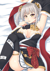  arm_up armpits black_legwear bow braid breasts brown_eyes cleavage commentary_request crown_braid detached_sleeves female fingers_to_mouth grey_hair hand_up highres jin-guang_sheng-pu knee_up looking_at_viewer lying medium_breasts on_back on_bed red_bow sano_souichi sennen_sensou_aigis skirt thighhighs two_side_up white_skirt 