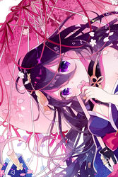  bad_id bad_pixiv_id blue_eyes blue_hair breasts cherry_blossoms cleavage female flower_knot genderswap_(mtf) gloves head_tilt highres japanese_clothes long_hair looking_at_viewer medium_breasts mikazuki_munechika off_shoulder oil-paper_umbrella petals pink_ribbon pink_umbrella ribbon rule_63 sakurato_remi sayagata sideways single_glove solo tassel too_many too_many_ribbons touken_ranbu umbrella 