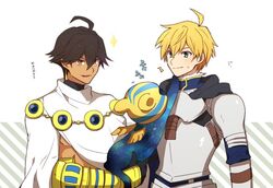  2boys ahoge armor arthur_pendragon_(fate) bad_id bad_twitter_id blonde_hair brown_hair cape choco_taberusan dark-skinned_male dark_skin fate/grand_order fate/prototype fate/prototype:_fragments_of_blue_and_silver fate_(series) feline green_eyes male_focus multiple_boys open_mouth ozymandias_(fate) smile sphinx_awlad yellow_eyes 