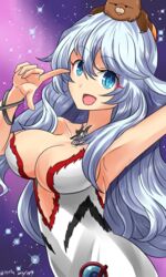  armpits artemis_(fate/grand_order) bare_shoulders bear blue_eyes breasts dress fate/grand_order fate_(series) female long_hair necklace open_mouth orion_(fate/grand_order) silver_hair 