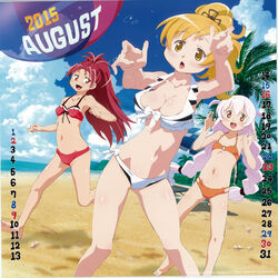  2015 3girls absurdres alternate_hairstyle august bikini blonde_hair breasts calendar_(medium) highres kikuta_kouichi large_breasts long_hair mahou_shoujo_madoka_magica mahou_shoujo_madoka_magica:_hangyaku_no_monogatari midriff momoe_nagisa multiple_girls o-ring o-ring_top oerba_yun_fang official_art outdoors ponytail quality red_eyes red_hair sakura_kyoko smile swimsuit tomoe_mami white_hair yellow_eyes 