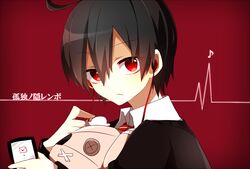  1boy :x a-ya_(shuuen_no_shiori) ahoge bad_id bad_pixiv_id black_hair black_sweater button_eyes buttons cardiogram cellphone_photo closed_mouth collared_shirt double-parted_bangs earphones eighth_note envelope gradient_background hair_between_eyes holding holding_phone looking_at_viewer male_focus musical_note nanase09rr necktie open_collar phone portrait red_background red_eyes red_necktie school_uniform shirt short_hair shuuen_no_shiori_project solo song_name stuffed_animal stuffed_rabbit stuffed_toy sweater vignetting white_shirt 