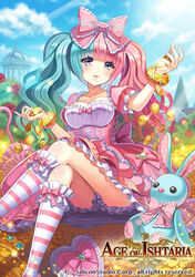  age_of_ishtaria aqua_hair blush bow bracelet breasts cleavage cloud coin commentary_request company_name copyright_name copyright_notice curly_hair day dress fafner_(age_of_ishtaria) female flower full_body jewelry long_hair madopen medium_breasts multicolored_hair official_art open_mouth photoshop_(medium) pink_hair purple_eyes rose sitting sky sparkle stuffed_animal stuffed_toy thighhighs twintails two-tone_hair 