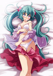  aqua_hair arrow_(symbol) bed_sheet blush bow bow_panties bra breasts cardigan cleavage clothes_pull commentary constricted_pupils crotch_seam embarrassed facial_tattoo female frilled_bra frills from_above frown hair_ornament hatsune_miku head_tilt high_fever_(module) highres legs long_hair long_sleeves looking_at_viewer lying medium_breasts medium_skirt navel off_shoulder on_back on_bed open_clothes open_mouth open_skirt panties photoshop_(medium) print_sweater project_diva_(series) purple_eyes purple_sweater skirt skirt_pull slow_motion_(vocaloid) solo strap_slip sweatdrop sweater tattoo thigh_gap tsukishiro_saika twintails underwear unworn_clothes very_long_hair vocaloid white_bra 