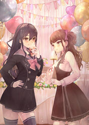  2girls balloon black_hair black_legwear blush bow box brown_eyes brown_hair commentary_request gift gift_box highres holding holding_gift kyota07 long_hair long_sleeves looking_at_another multiple_girls original partial_commentary smile standing thighhighs 