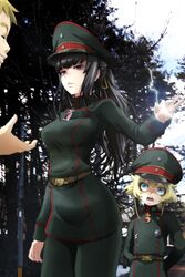  1boy 2girls absurdres belt black_eyes black_hair blonde_hair commentary_request crossover genya_(genya67) hat highres long_hair looking_at_another looking_at_viewer magic military military_uniform multiple_girls narberal_gamma open_mouth outdoors overlord_(maruyama) peaked_cap ponytail short_hair tanya_degurechaff uniform warren_grantz youjo_senki 