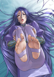  arm_guards ass bad_id bad_pixiv_id blue_eyes blue_hair blush bodysuit breast_press breasts cameltoe commentary_request fate/grand_order fate_(series) feet female foot_focus foreshortening full_body hair_between_eyes knees_to_chest large_breasts legs_up long_hair long_sleeves looking_at_viewer lying minamoto_no_raikou_(fate) nail_polish no_shoes on_back open_mouth pink_nails puffy_long_sleeves puffy_sleeves purple_bodysuit ribbed_sleeves soles solo stirrup_legwear toeless_legwear toenail_polish toenails toes very_long_hair yonoki 