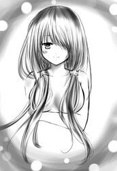  blush breasts commentary_request date_a_live female greyscale long_hair looking_at_viewer medium_breasts miru_(millefeuille) monochrome one_eye_covered photoshop_(medium) simple_background smile solo tokisaki_kurumi twintails 