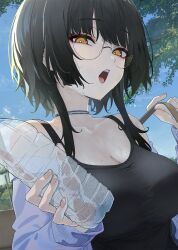  black_hair black_tank_top blue_sky bottle breasts bright_pupils choker cleavage collarbone cropped day female glasses highres holding holding_bottle holding_strap impossible_clothes impossible_shirt jacket jacket_partially_removed large_breasts looking_at_viewer open_mouth original outdoors plastic_bottle purple_jacket round_eyewear shirt short_hair sky solo sweat tank_top upper_body vikpie water water_bottle white_pupils yellow_eyes 