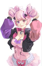  ahoge breasts choker cleavage commentary double_bun english_commentary female hair_bun hair_ornament heart heart_ahoge heart_hair_ornament heterochromia highres horns indie_virtual_youtuber ironmouse jacket large_breasts looking_at_viewer multicolored_hair multicolored_jacket nyaanite pink_choker pink_hair pink_jacket pointy_ears purple_eyes purple_hair purple_jacket red_eyes solo streaked_hair virtual_youtuber 
