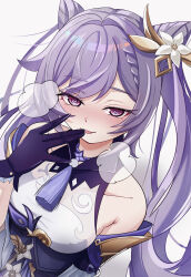  absurdres black_gloves braid breasts collarbone commentary_request cone_hair_bun double_bun female flower genshin_impact gloves hair_bun hair_flower hair_ornament heart heart-shaped_pupils highres keqing_(genshin_impact) long_hair pink_eyes purple_hair solo symbol-shaped_pupils tassel tomato_matoma twintails white_flower 