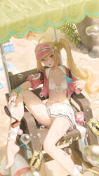  absurdres barefoot beach bikini bikini_skirt blonde_hair breasts chair collarbone commentary_request feet female food foot_out_of_frame front-tie_top high_heel_sandals high_heels highres holding holding_food holding_popsicle jacket long_hair looking_at_viewer luciana_de_montefio luciana_de_montefio_(princess_on_holiday) melting_popsicle midriff mrotan nail_polish official_alternate_costume on_chair pink_jacket pink_visor_cap popsicle red_eyes sandals side_ponytail sitting skirt small_breasts solo splashing starfish swimsuit toenail_polish toenails toes very_long_hair visor_cap white_bikini white_skirt wristband zenless_zone_zero 
