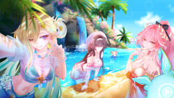  4girls absurdres ainu0098 aqua_bikini aqua_nails bikini bikini_skirt black_hair blonde_hair blue_sky body_markings breasts carlotta_(wuthering_waves) changli_(laurel_nymph)_(wuthering_waves) changli_(wuthering_waves) chisa_(peach_parfait)_(wuthering_waves) chisa_(wuthering_waves) cleavage colored_extremities commentary day english_commentary fingernails flower hair_flower hair_ornament hair_ribbon hat highres large_breasts looking_at_viewer lynae_(peppermint)_(wuthering_waves) lynae_(wuthering_waves) md5_mismatch mini_person minigirl multiple_girls nail_polish navel ocean one_eye_closed orange_eyes pink_bikini pink_hair pink_ribbon plaid_bikini plaid_clothes ponytail purple_eyes red_hands ribbon see-through_clothes see-through_shirt shirt skirt sky smile stomach swimsuit white_flower white_hat white_shirt white_skirt wuthering_waves 