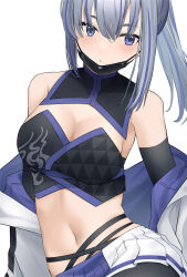  black_mask blush breasts cleavage din_(flypaper) female foxxiontech_(pso2) grey_hair highres jacket mask medium_breasts medium_hair midriff miniskirt multicolored_hair navel off_shoulder phantasy_star phantasy_star_online_2 phantasy_star_online_2_new_genesis ponytail purple_eyes purple_jacket purple_trim simple_background skirt solo streaked_hair two-sided_fabric two-sided_jacket white_background white_jacket 