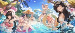  6+girls absurdres aemeath_(wuthering_waves) ball balloon beachball beret bikini black_hair black_jacket blonde_hair blue_sky breasts chisa_(peach_parfait)_(wuthering_waves) chisa_(wuthering_waves) commentary day denia_(wuthering_waves) english_commentary eyewear_on_head female_rover_(wuthering_waves) goggles goggles_on_head hairband hat heart heart-shaped_eyewear heart_balloon highres holding holding_ball holding_beachball holding_water_gun innertube jacket large_breasts long_hair looking_at_viewer lucilla_(wuthering_waves) lynae_(peppermint)_(wuthering_waves) lynae_(wuthering_waves) midriff mornye_(wuthering_waves) multiple_girls ocean one_eye_closed pink_bikini pink_hair plaid_bikini plaid_clothes red_eyes rover_(wuthering_waves) sky smile sparrow4193941 sunglasses swim_ring swimsuit unzipped water_gun white_hairband white_hat wuthering_waves yellow_eyes 