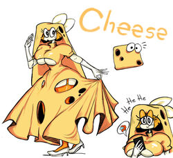  2023 among_us black_eyes cheese cheese_toppin cleavage_cutout crewmate_(among_us) elbow_gloves female food_clothing full_body garter_straps gijinka gown holes humanized kaircorvus multiple_images name_drop noseless orange_hair pizza_tower safe sfw short_hair solo stockings toppin_gals toppin_gals_minus8 yellow_clothing yellow_skin 