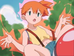  :o absurdres backpack bag cloud collarbone commentary_request cropped_shirt day empty_eyes energy female green_eyes hands_up head_tilt highres hitsugi_mc kasumi_(pokemon) mind_control navel no_pupils one_side_up open_mouth orange_hair outdoors poke_ball poke_ball_(basic) pokemon pokemon_(anime) pokemon_(classic_anime) shirt shorts sky solo spread_fingers spread_legs squatting suspenders suspenders_slip tongue w_arms yellow_shirt 